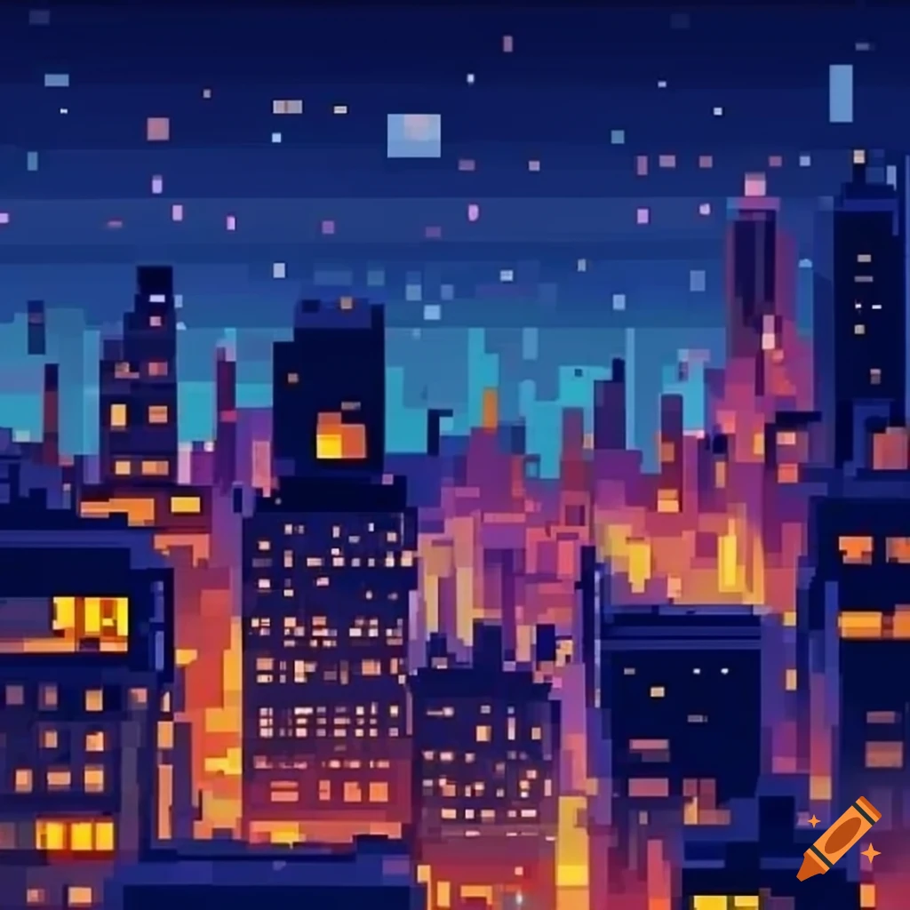 Nighttime pixel art cityscape on Craiyon