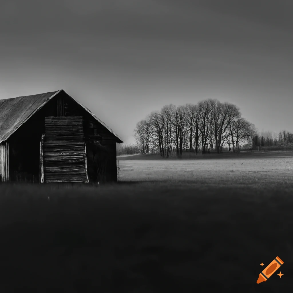 black and white photo of a farm field with a barn