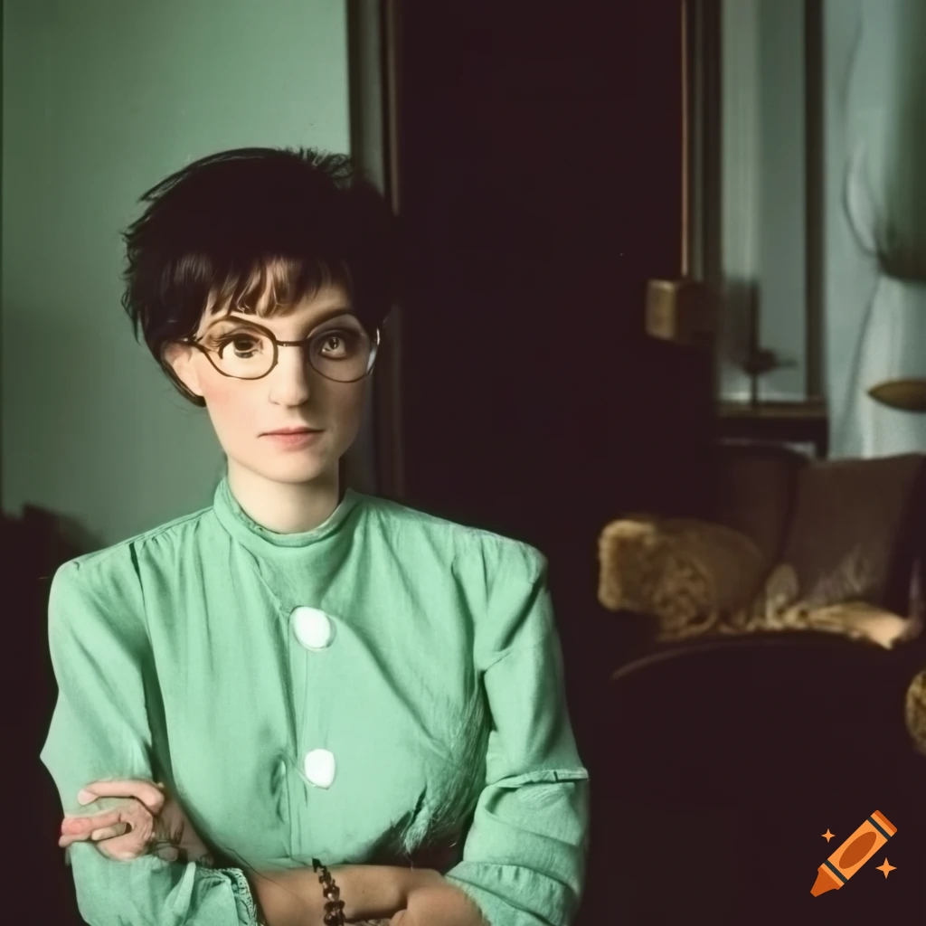  Woman with short hair and glasses in green floral shirt on Craiyon