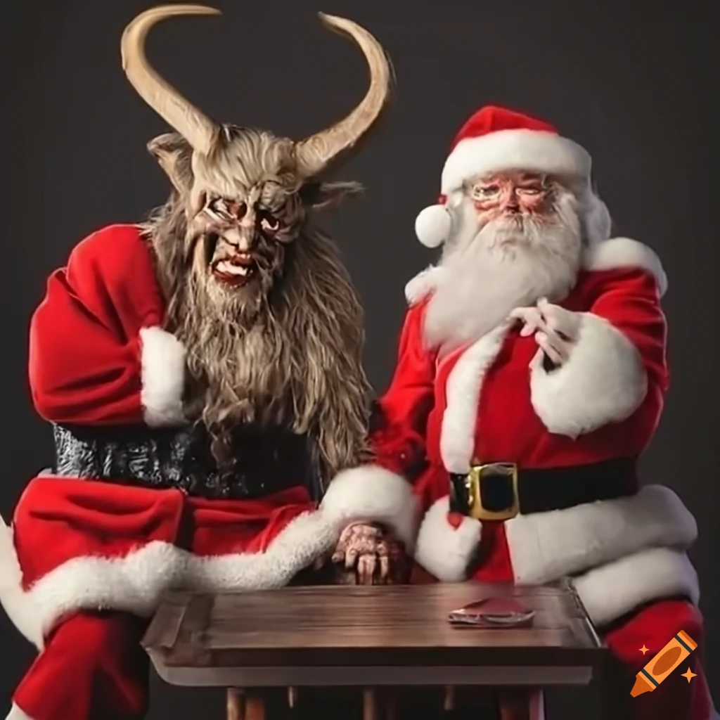 Santa and Krampus having a drink at a bar