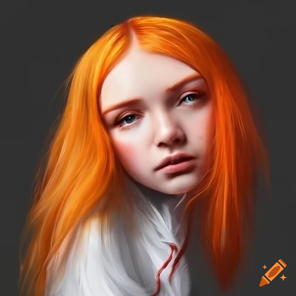 white girl with orange hair wearing a white jacket