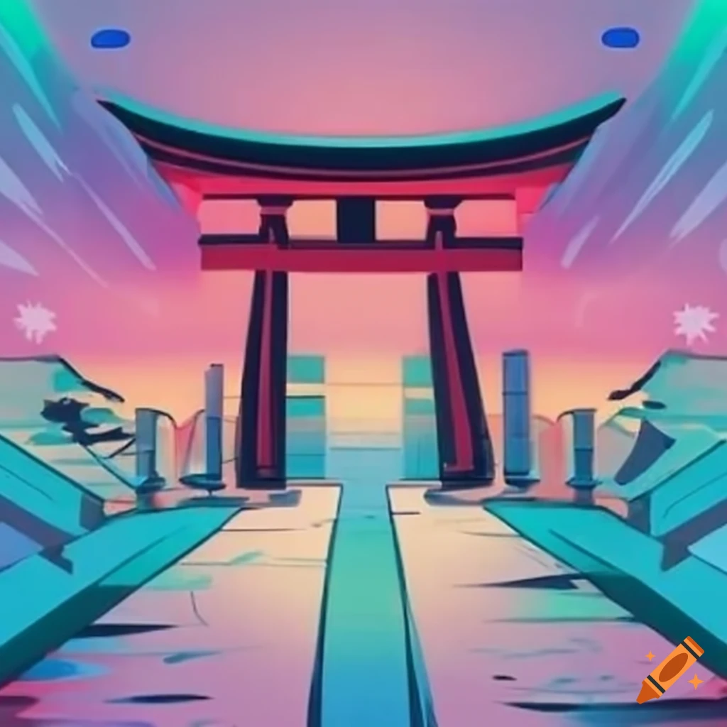 wide angle shot of a futuristic Japanese torii gate