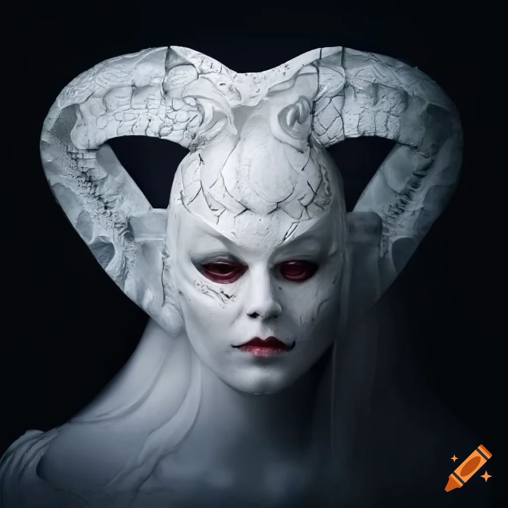 Symmetrical white serpent goddess mask on white background