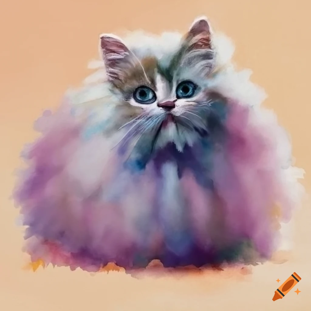 Watercolor of a fluffy angora kitten on Craiyon