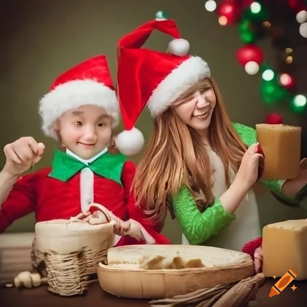 Christmas elves creating cheese gift baskets