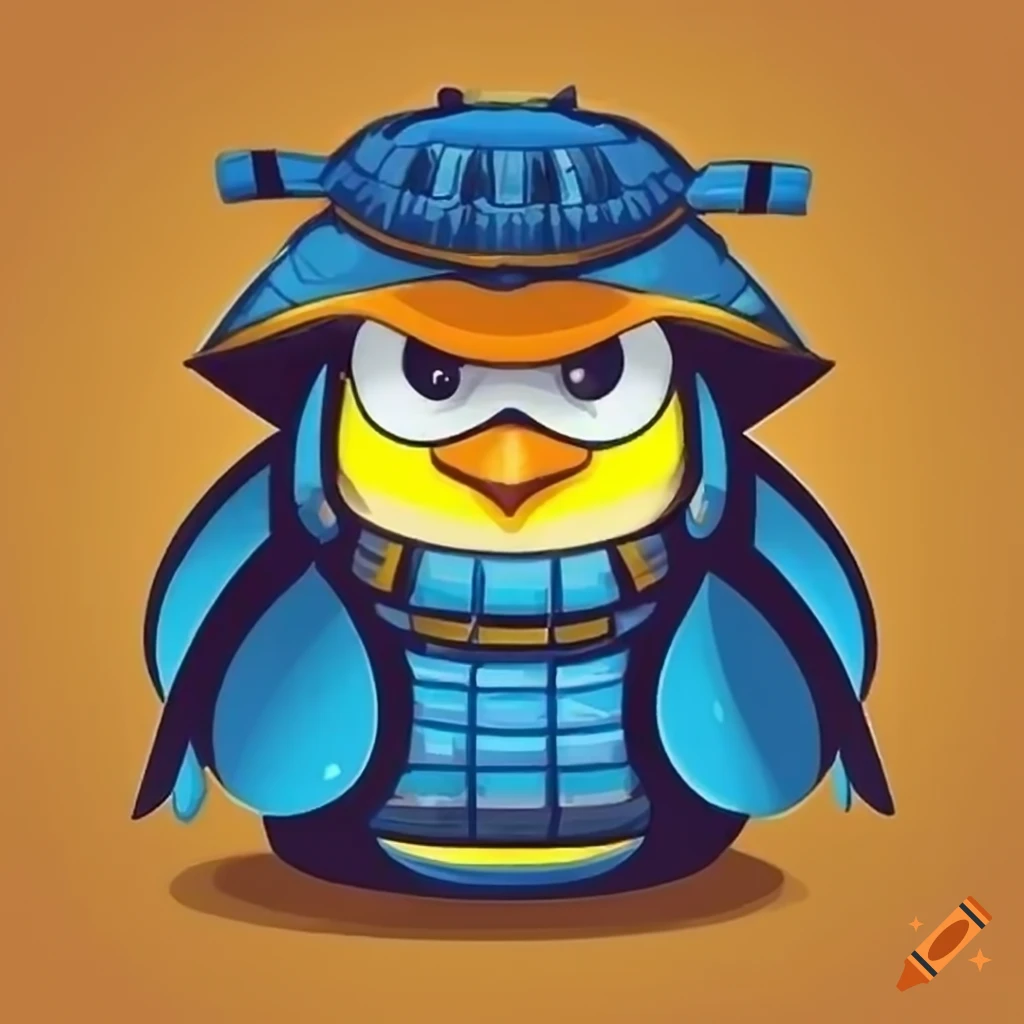 cartoon logo of a blue and yellow penguin samurai