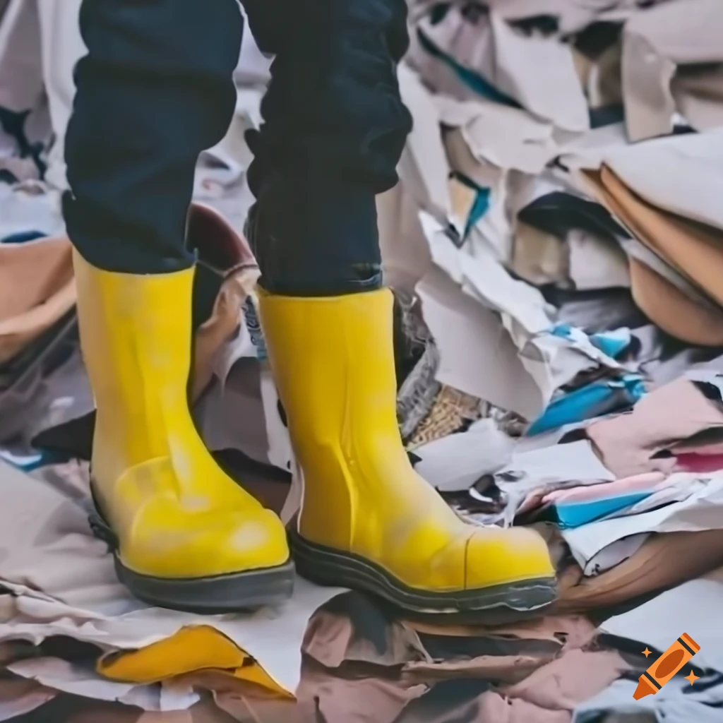 Closeup of dirty yellow rubber boots on messy blanket on Craiyon