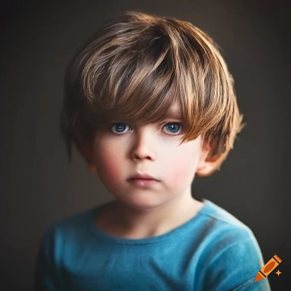 Portrait of a boy with blue shirt, grey eyes and brown hair on Craiyon