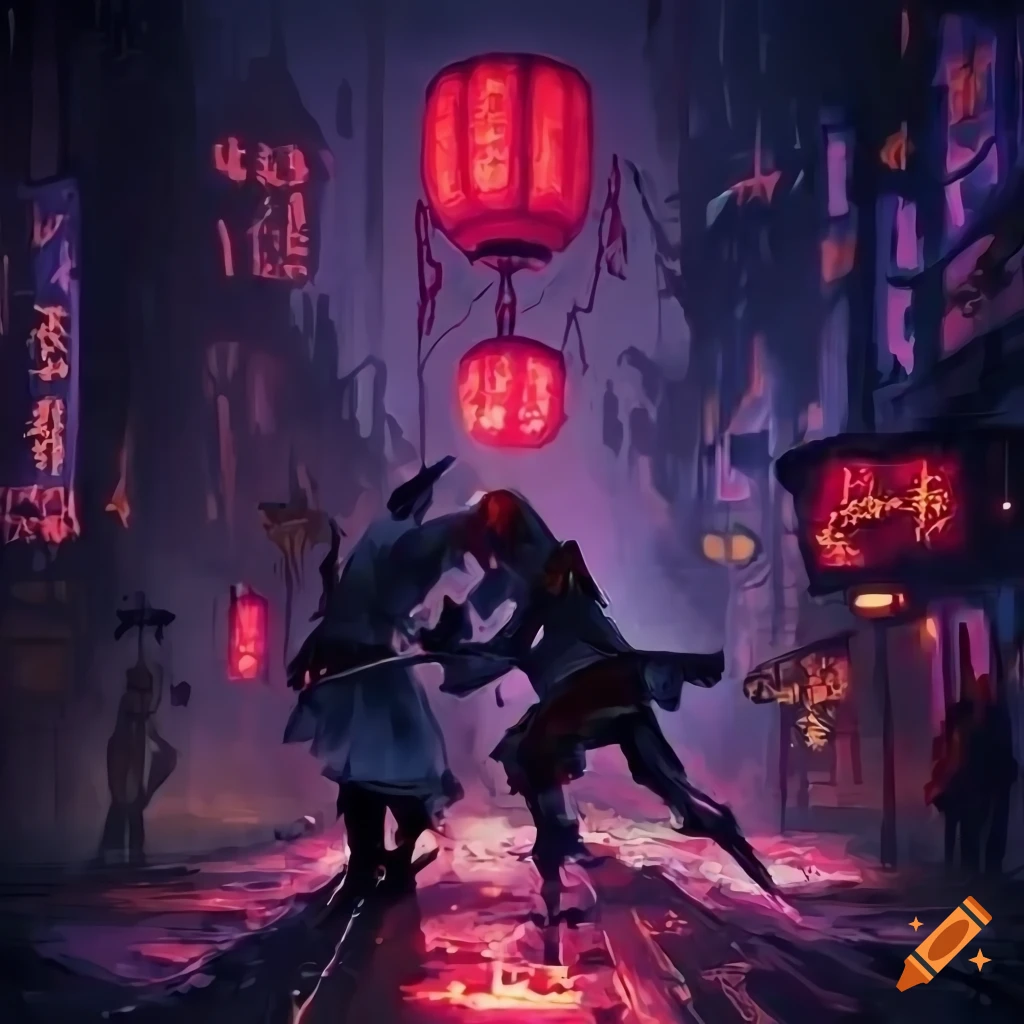 cyberpunk street fight with neon lights