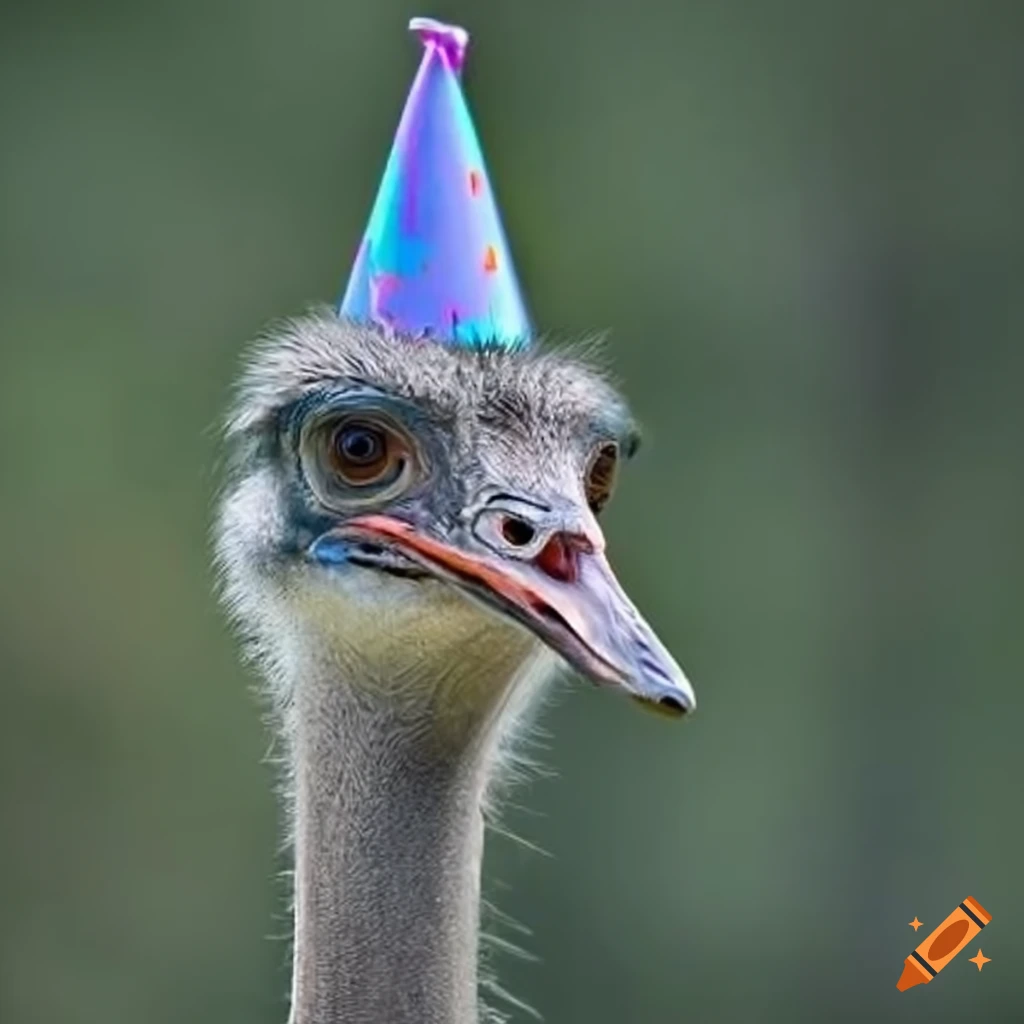 villainous Rhea bird wearing a party hat