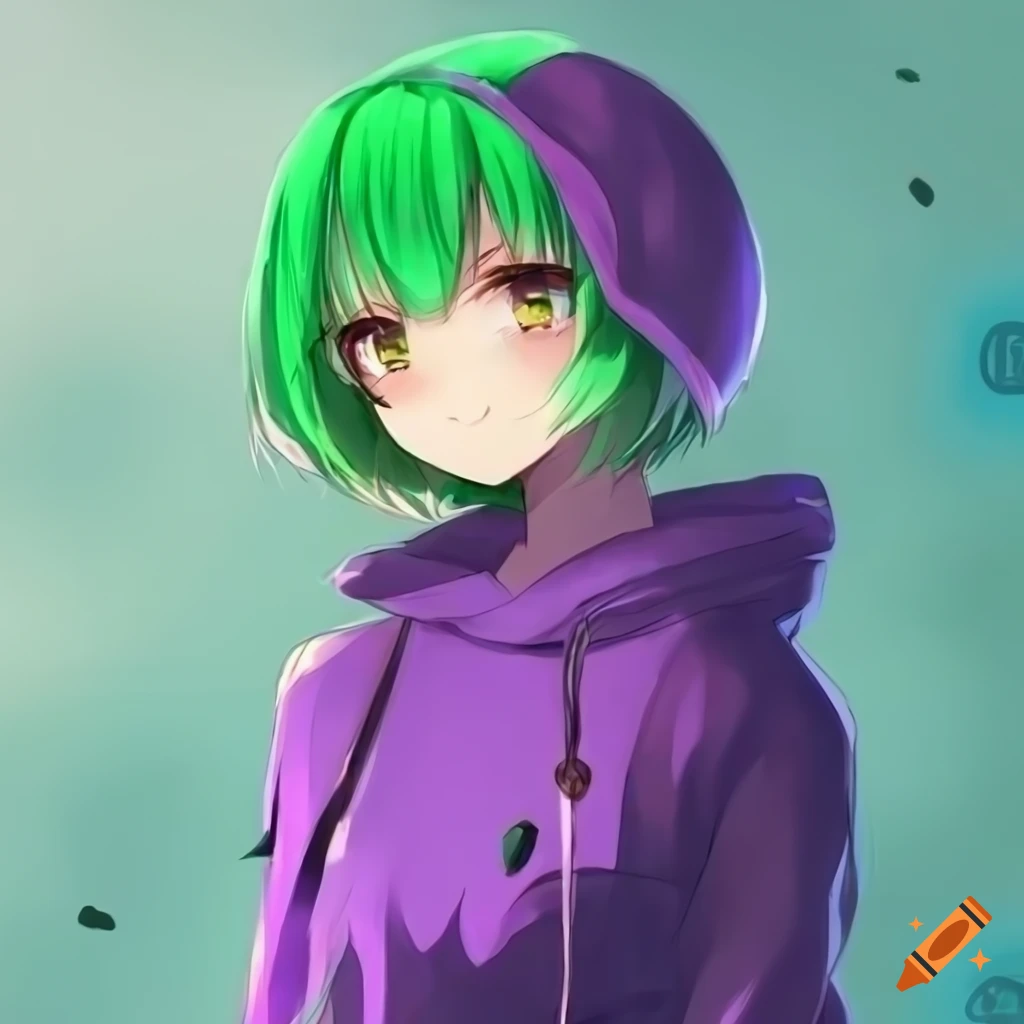 Anime girl with green hair and purple hoodie