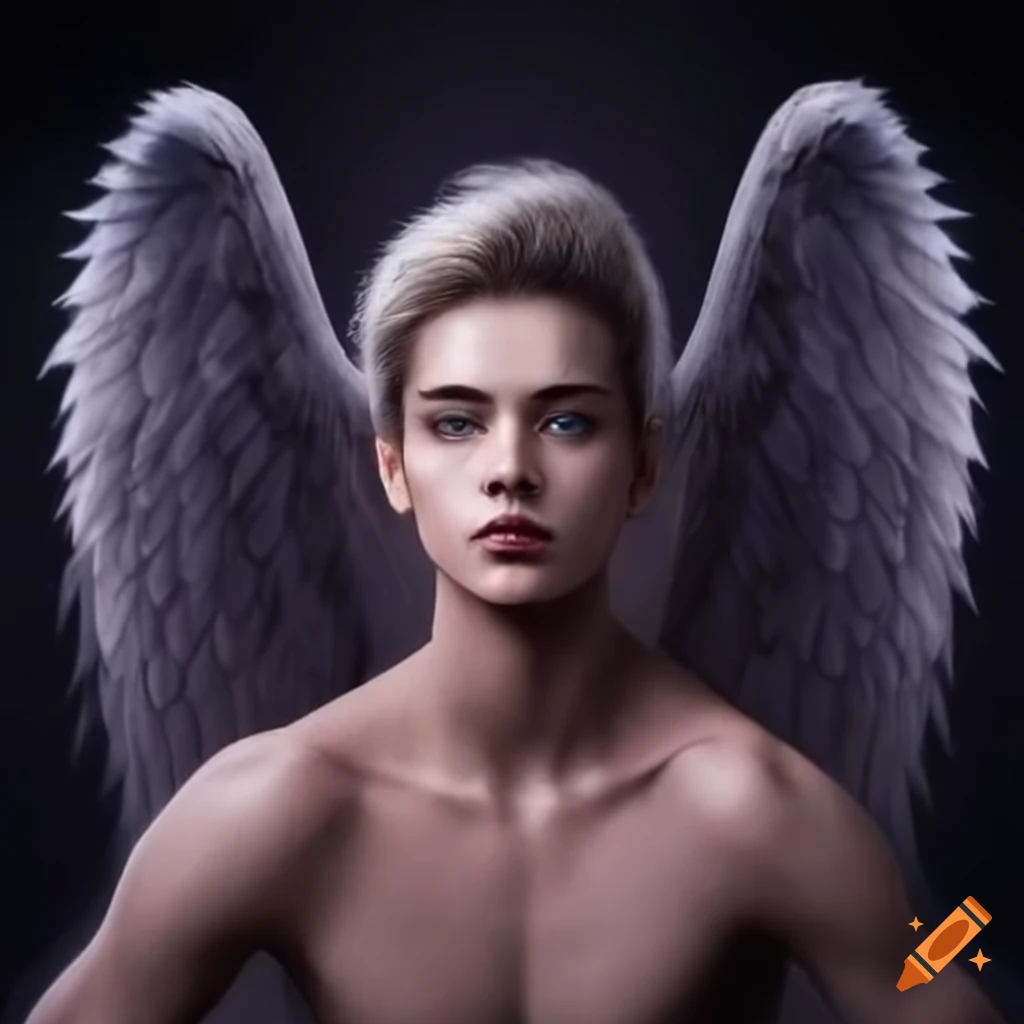 Hyperrealistic depiction of a handsome angel with wings