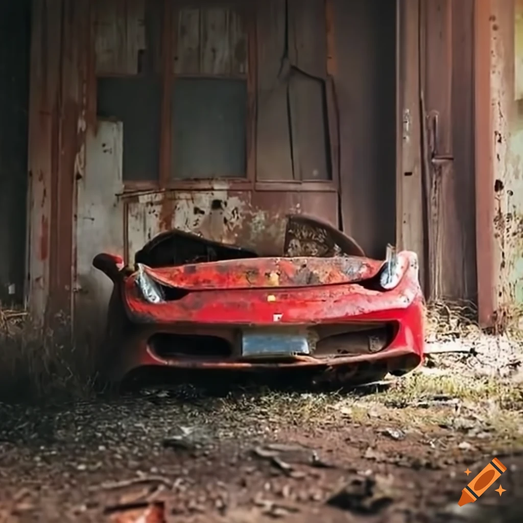 Rotting Ferrari Ferrari enzo parked in an old barn on Craiyon
