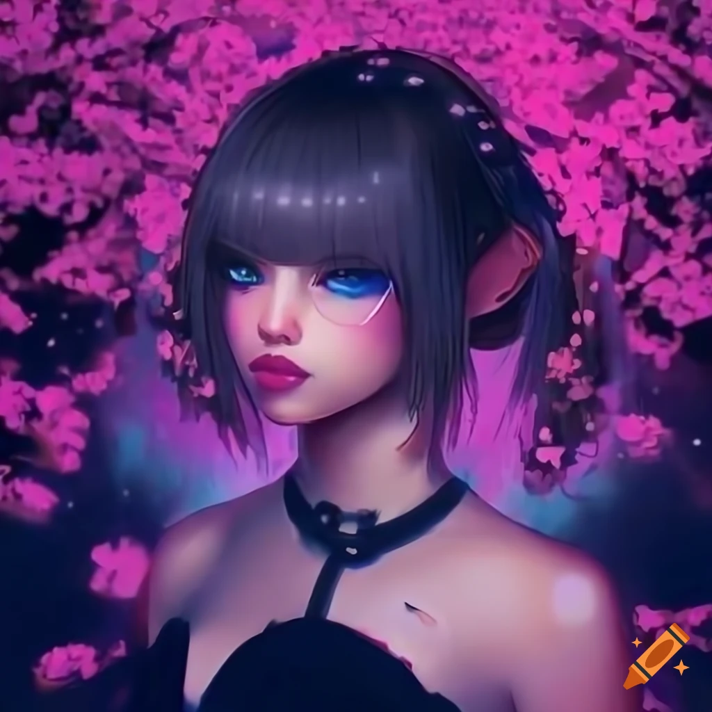Realistic artwork of a cyberpunk girl under a snowy cherry tree