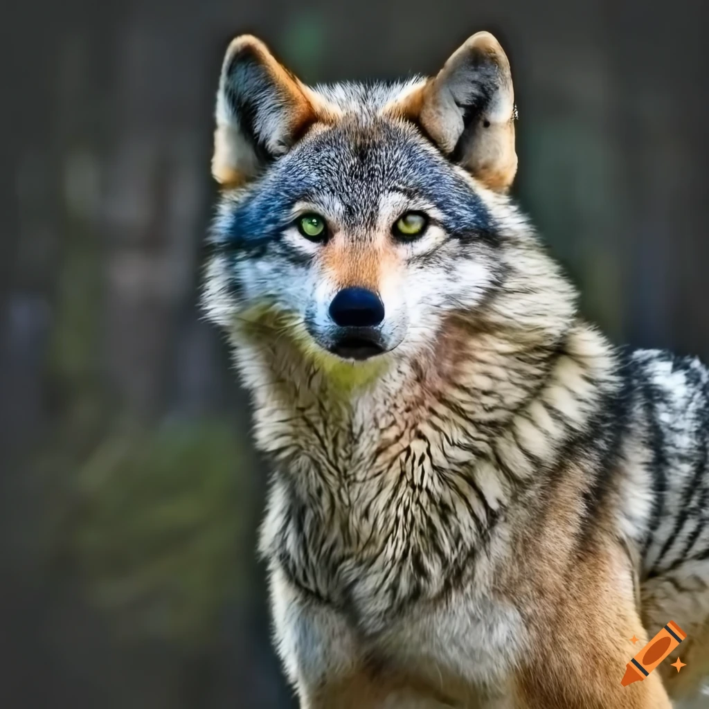 photo of a striking auburn and white striped wolf with green eyes