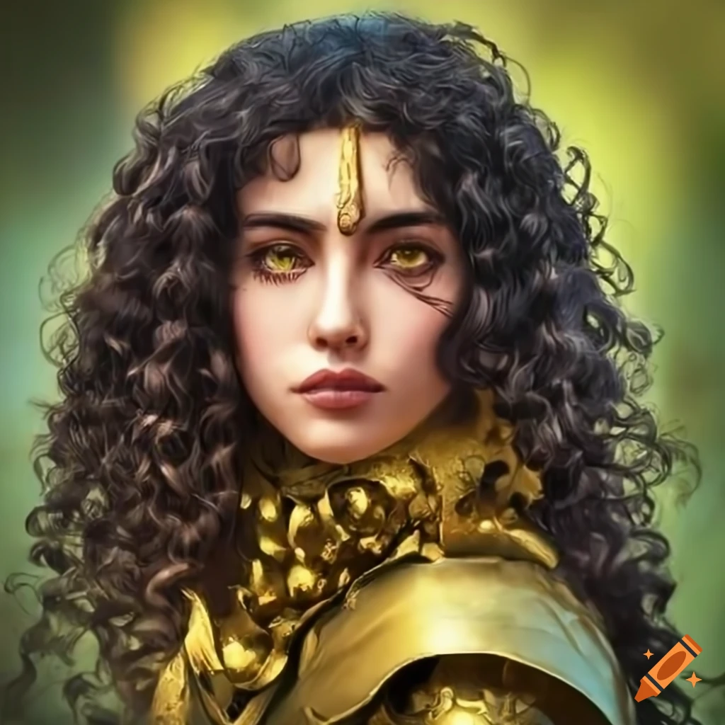 Fantasy young woman soldier with golden eyes and dark wavy hair on Craiyon
