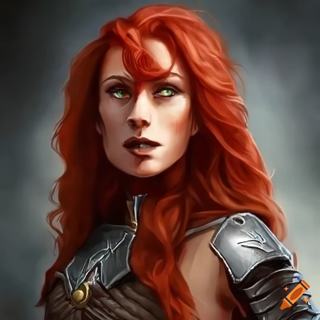 Red-haired female half elf fighter on Craiyon