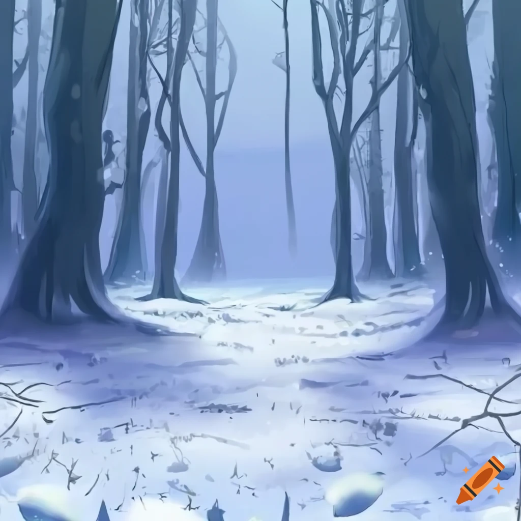 bright snowy forest floor in anime style