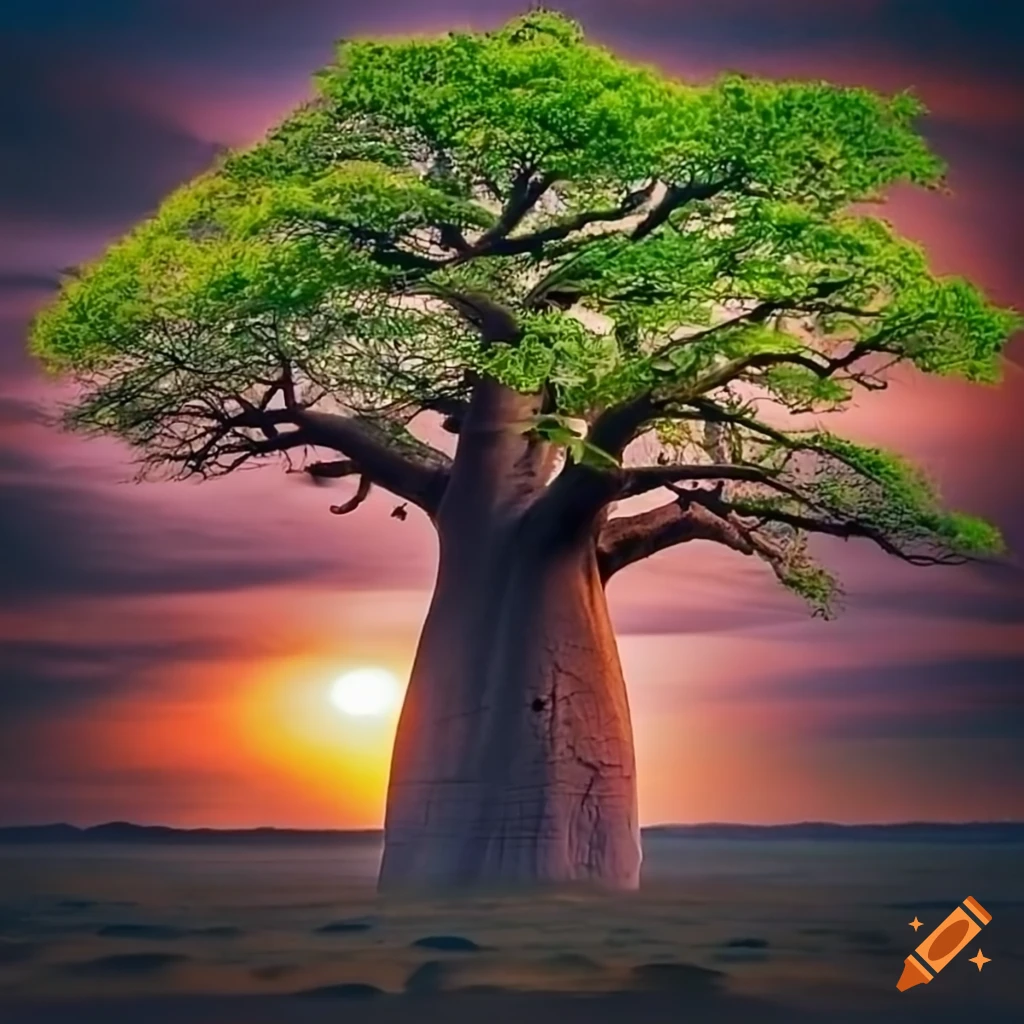 impressive baobab tree with lush green leaves