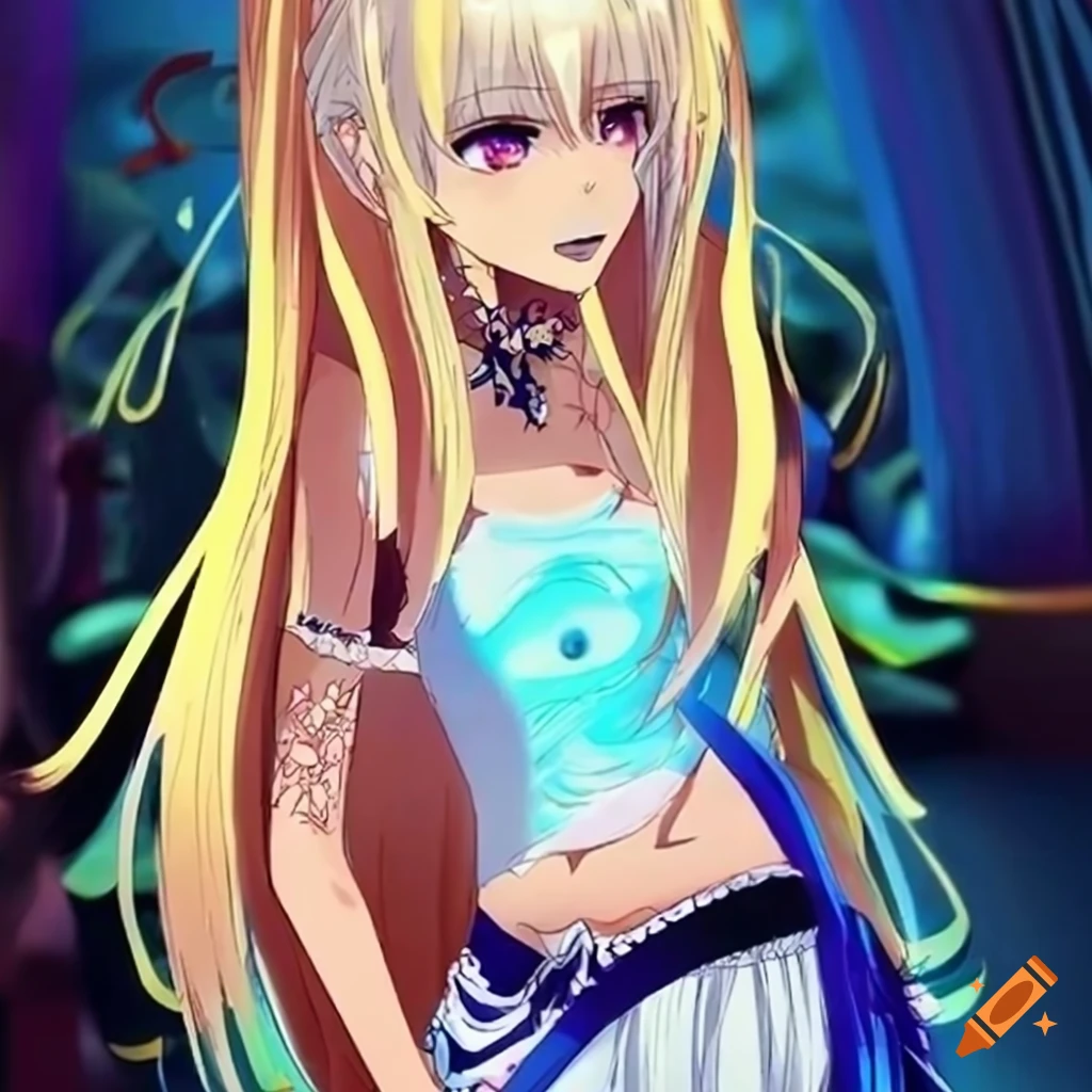 Girl with long bleachblonde hair and colorful wardrobe