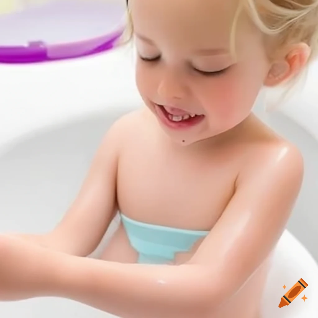 blonde toddler girl playing with slime during bath time