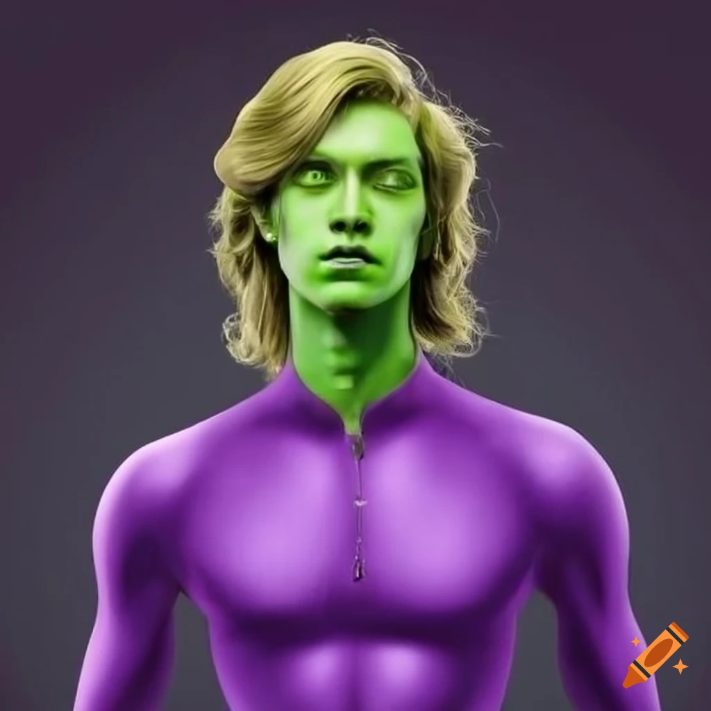 Image of a teenage superhero with green skin and long blond hair