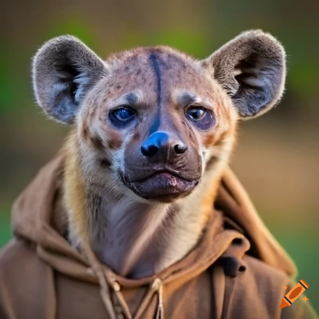 hyena wearing a brown hoodie with mismatched eyes