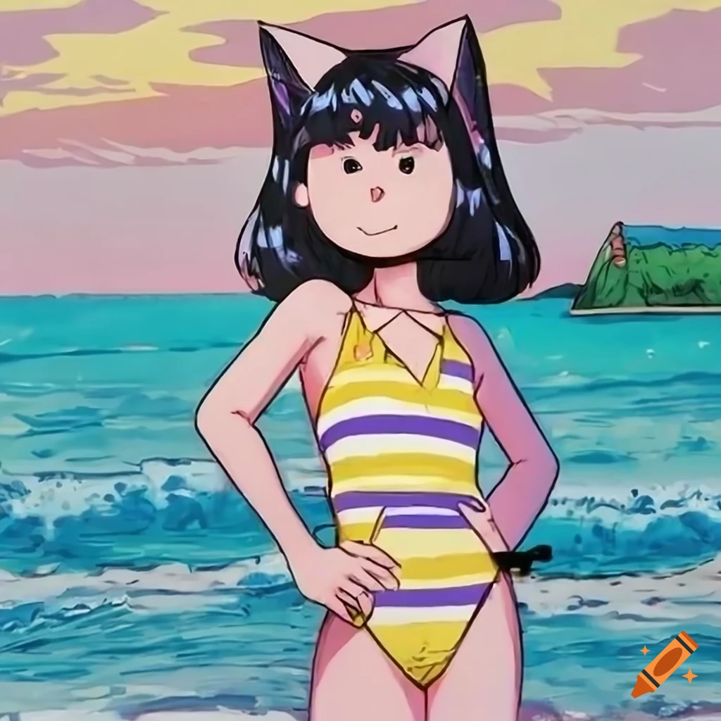 anime catgirl in striped swimsuit at the beach