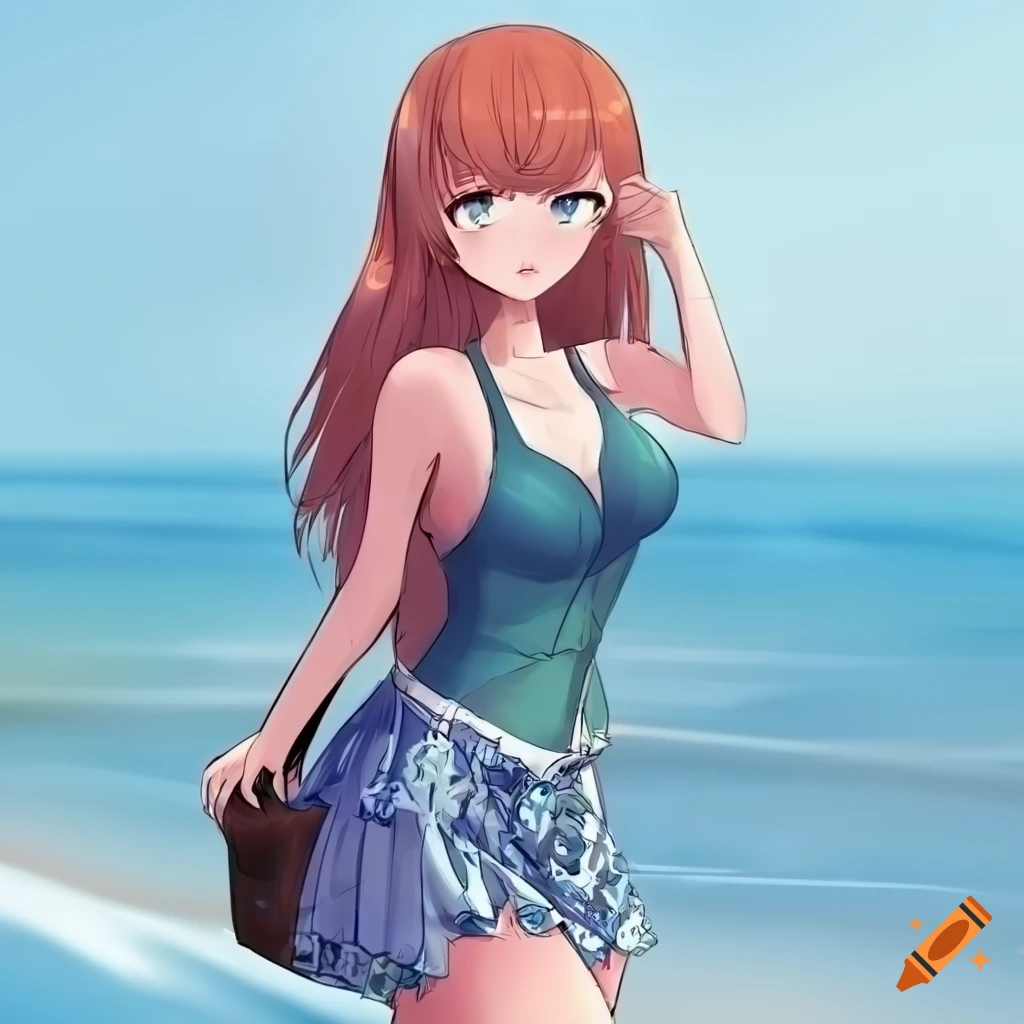 Anime woman relaxing at the beach with colorful hat on Craiyon