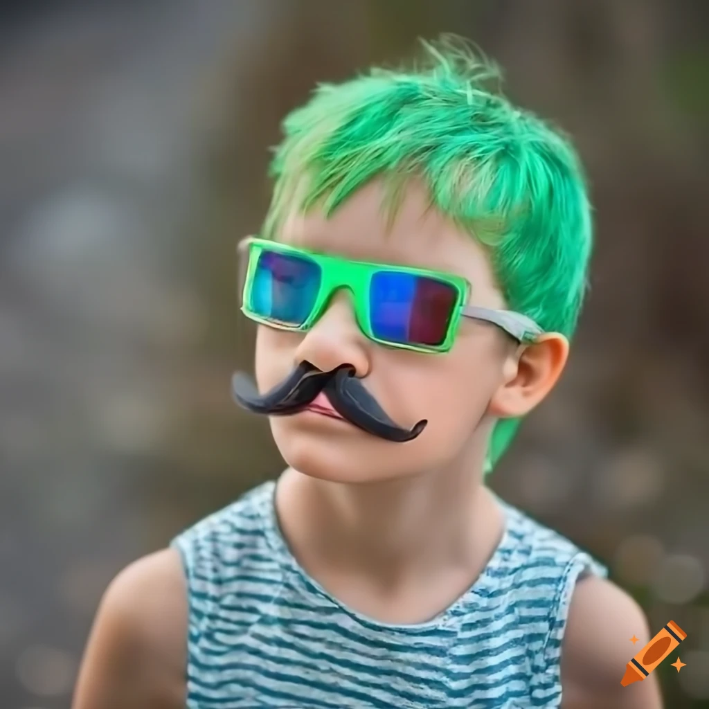 Portrait of a creative kid with green hair and 3d glasses on Craiyon