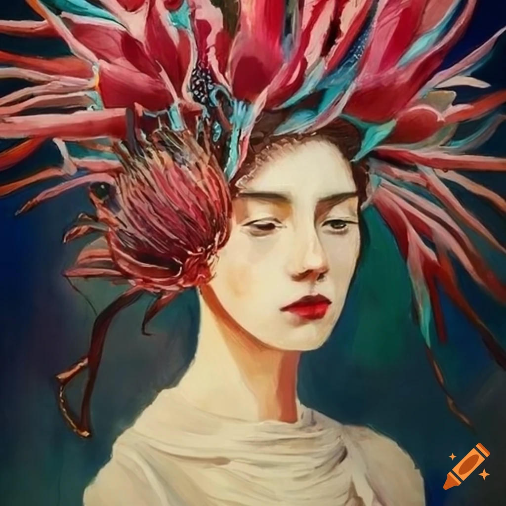 fashion portrait of a woman with protea in her hair