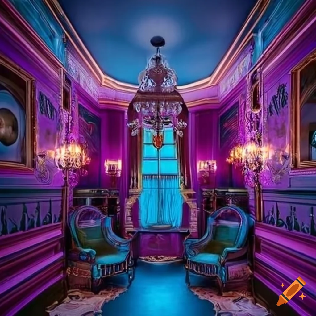 Vaporwave-inspired victorian mansion interior