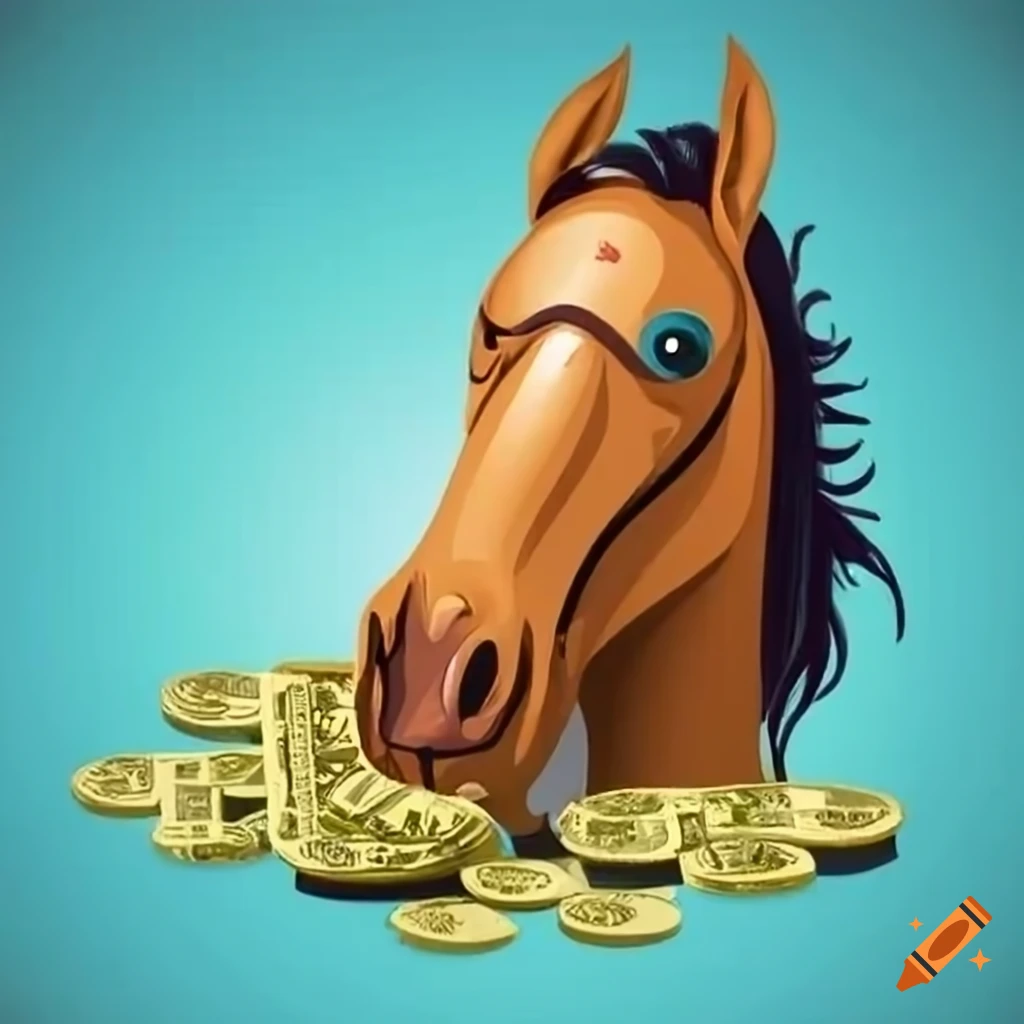 Funny horse with money and cryptocurrency