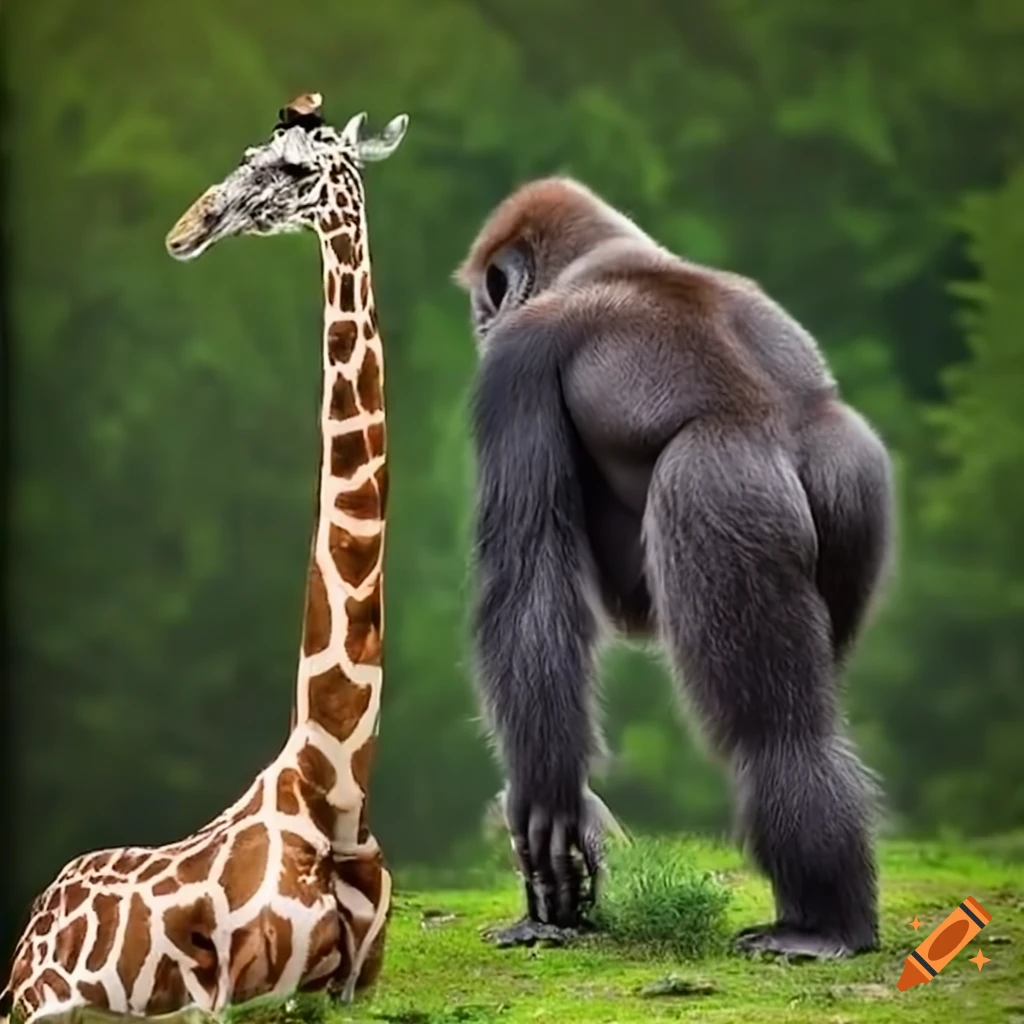 Gorilla and giraffe interacting in the wild on craiyon