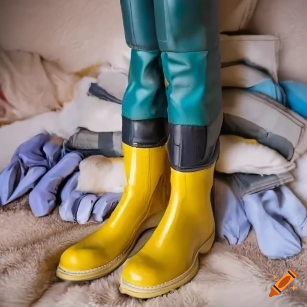 Closeup of yellow rubber boots on pile of gloves on Craiyon