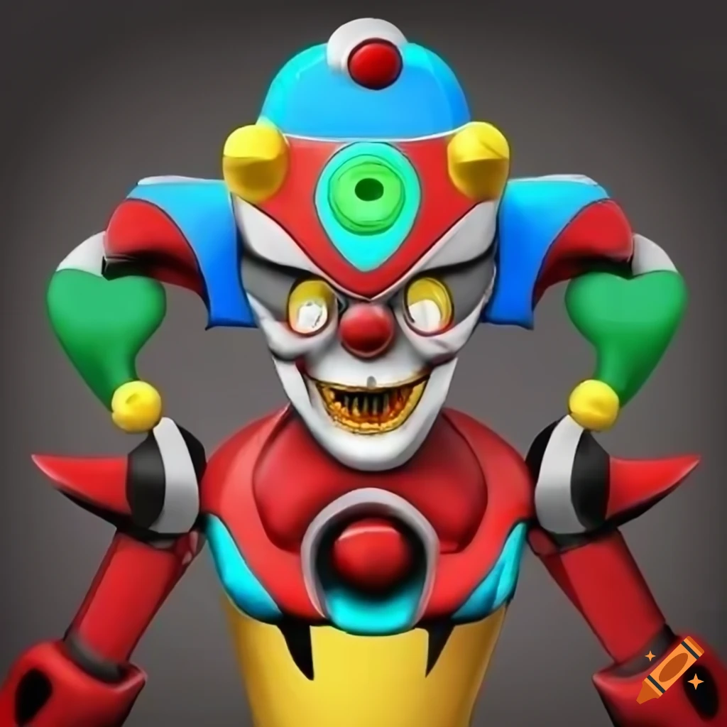 3D render of an evil robotic clown jester villain on Craiyon