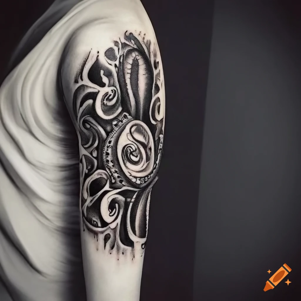 Filigree sleeve tattoo in neotraditional style.