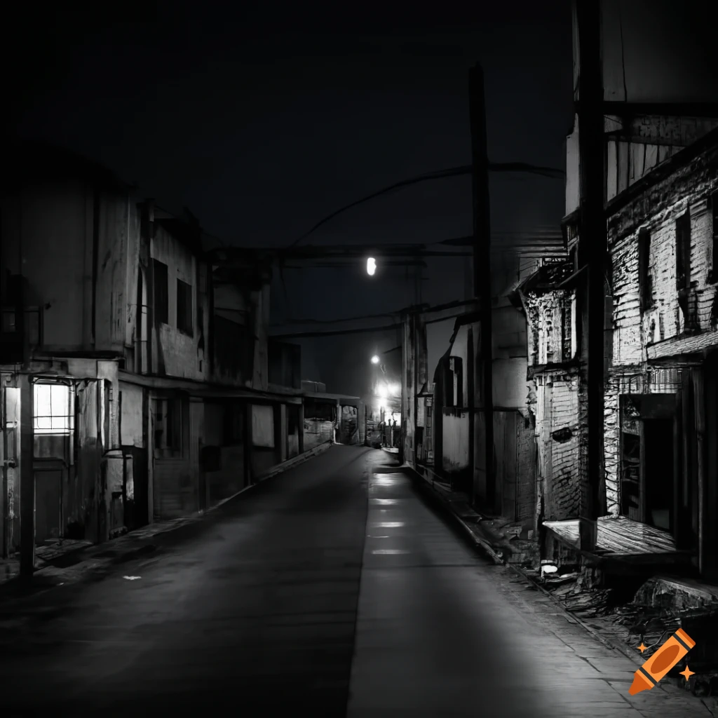 photorealistic depiction of a run down Japanese neighborhood at night