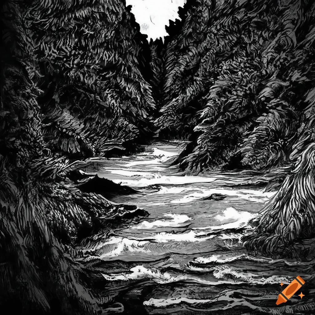 streaming river drawn in Berserk style
