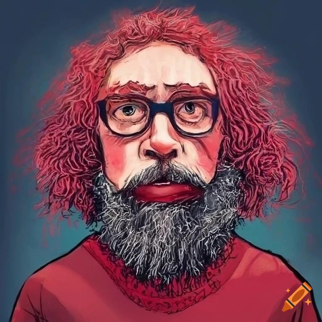 Illustration of a man with a red sweater holding a red book titled the