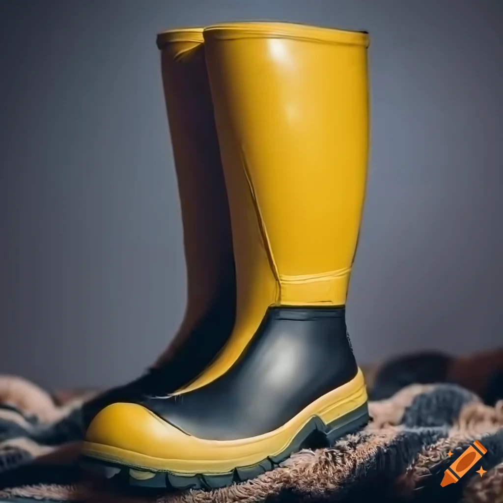Close-up of yellow safety rubber boots on a blanket on Craiyon