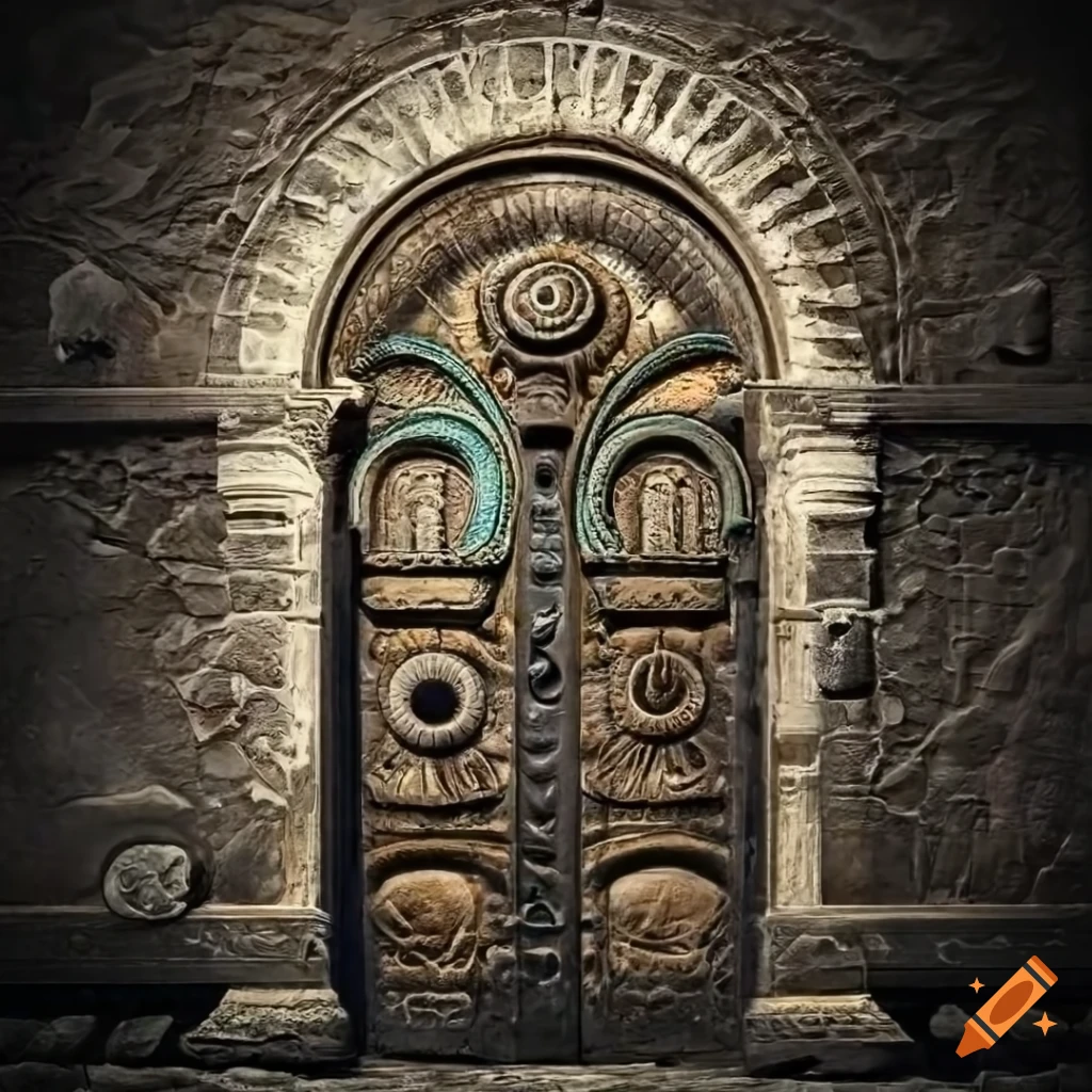 hyperreal stone door with all-seeing eye engraved on rock wall
