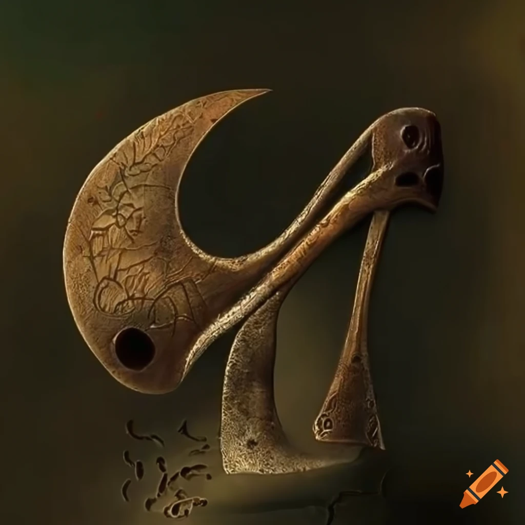 Surreal artwork featuring corroded bronze butterfly axe on craiyon
