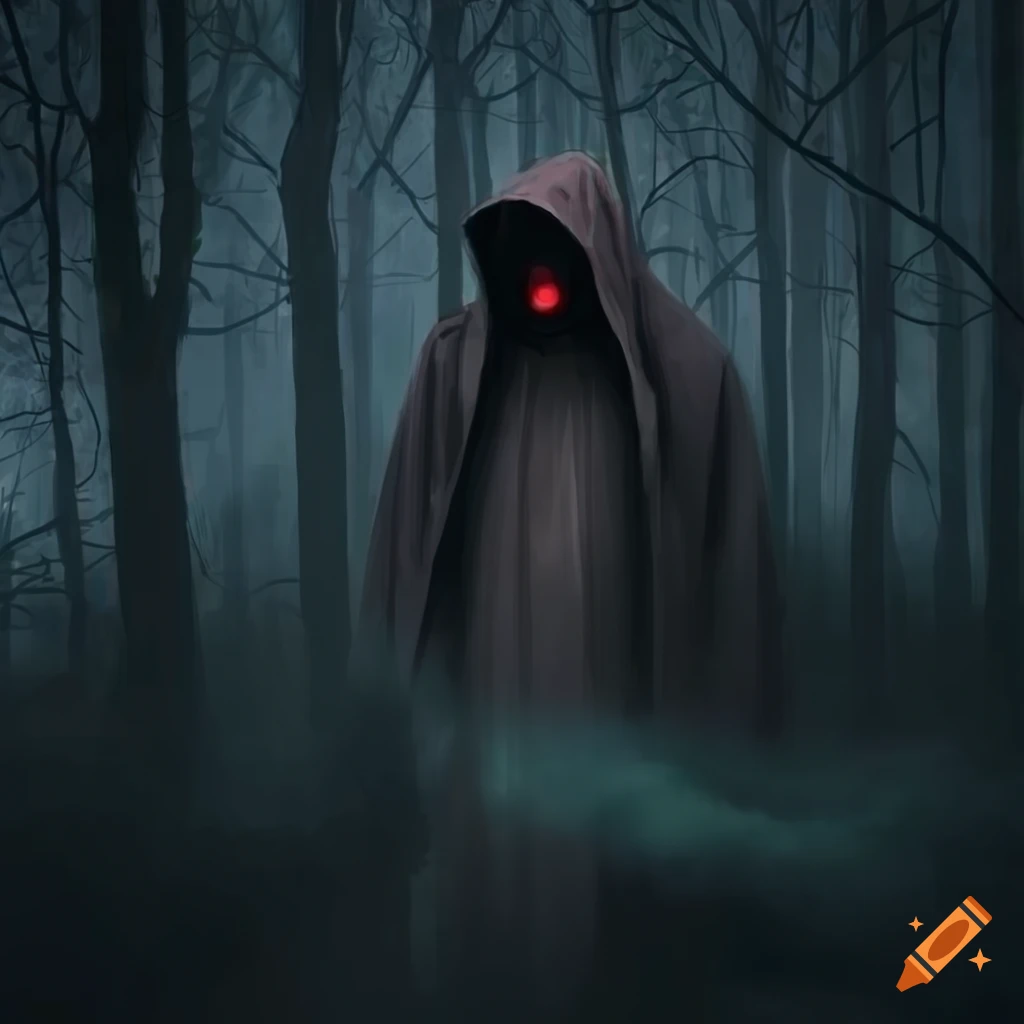 artwork of a mysterious figure in a moonlit forest