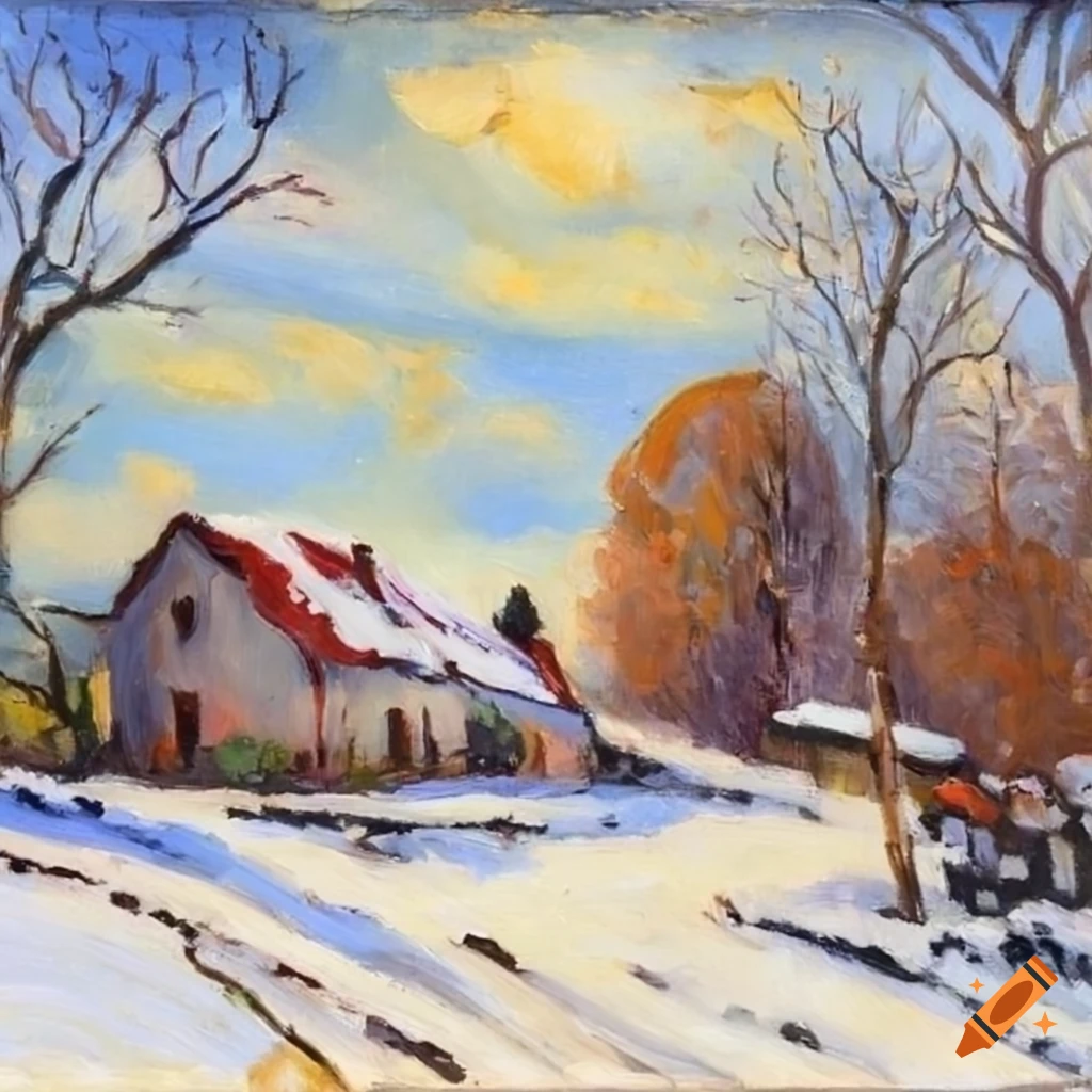 Oil painting of a snow-covered countryside with a charming house on Craiyon