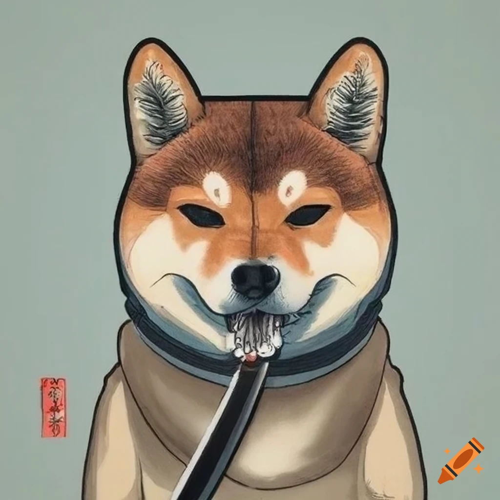 Ukiyo-e art print of a shiba inu with a katana on Craiyon