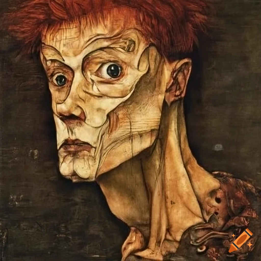 surrealist paintings by Egon Schiele, H.R. Giger, and Hieronymus Bosch