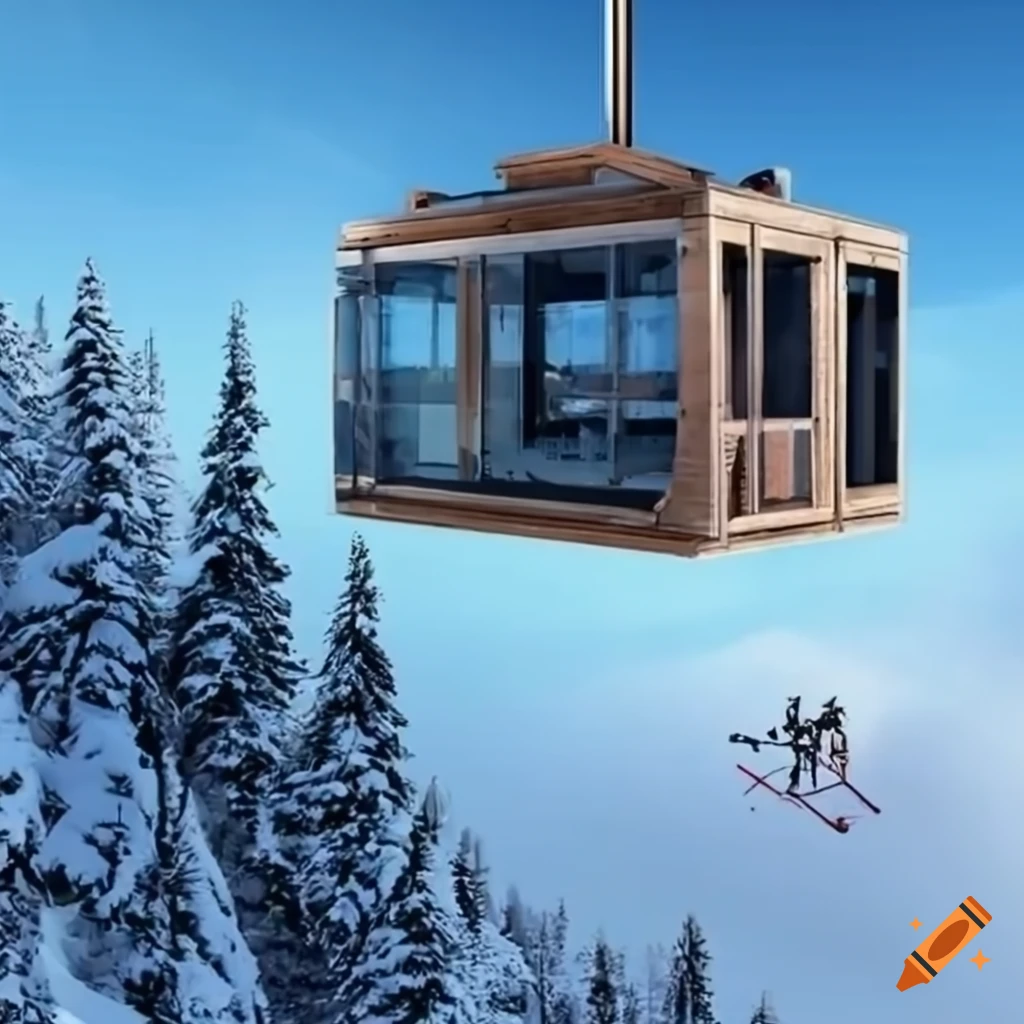 3d rendering of a unique ski lodge in a suspended cable car on Craiyon