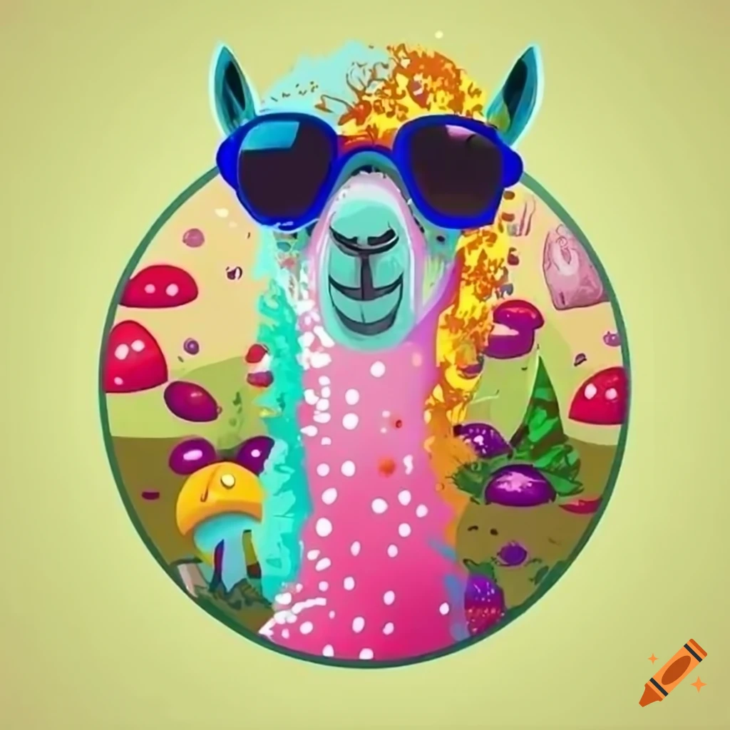 hippie llama with sunglasses and mushrooms