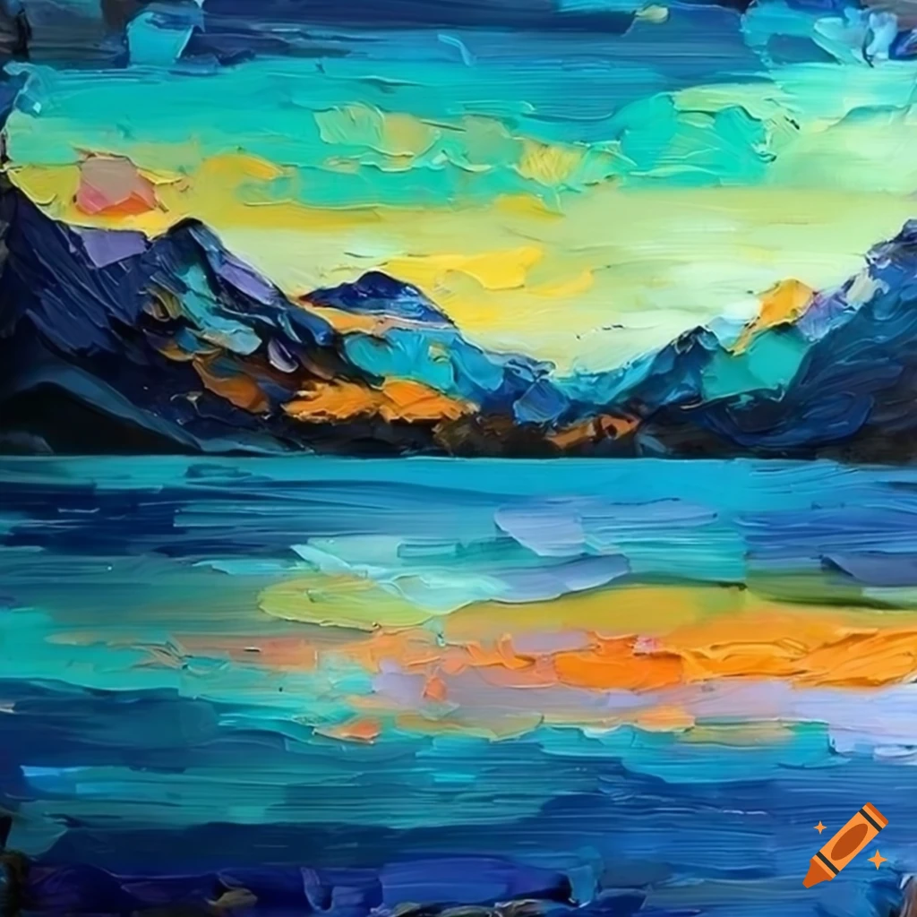 Colorful artwork of a peaceful mountain lake on Craiyon